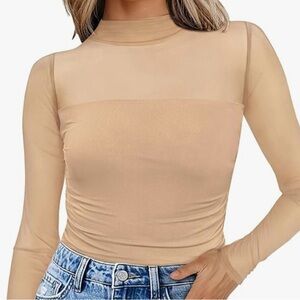 Elegant Nude Mesh Mock Neck Long Sleeve Ruched Top | Sheer Panel | Size L